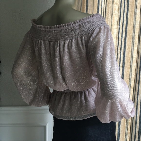EUC WHITE HOUSE BLACK MARKET Shimmer Pale Pink Smocked Off the Shoulder Top S - Picture 6 of 10